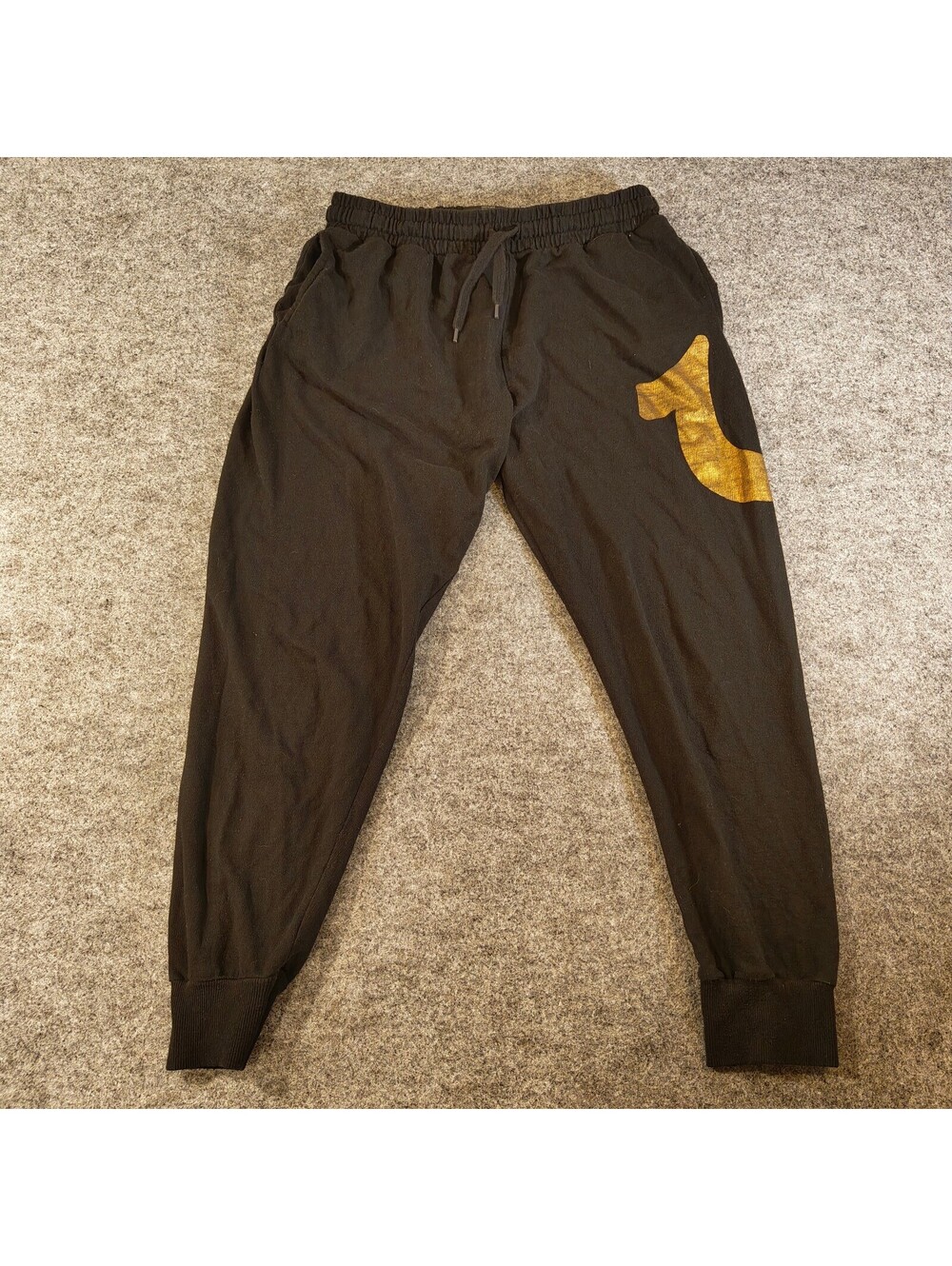 True Religion Black Gold Foil Horseshoe Graphic Fleece Joggers Mens Size Medium